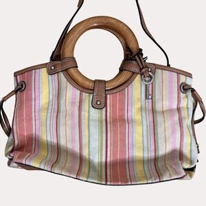 Fossil Canvas Leather Wood Satchel Purse Bag Double Handle Stripe bv